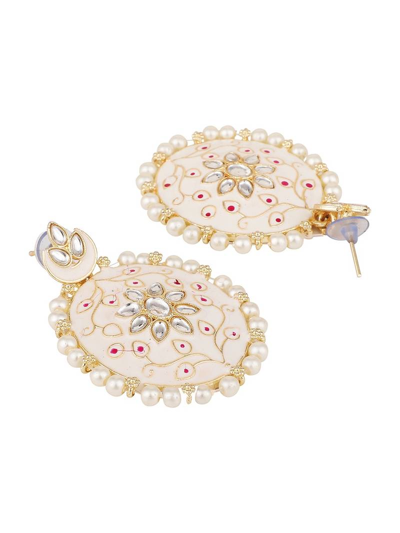 Traditonal Gold Plated Enameled White Colored Oval Shaped Pearl Layeed Choker Set with Earrings and Maangtikka Set