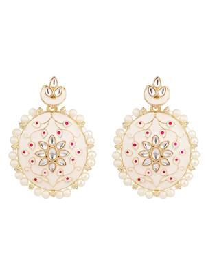Traditonal Gold Plated Enameled White Colored Oval Shaped Pearl Layeed Choker Set with Earrings and Maangtikka Set 3