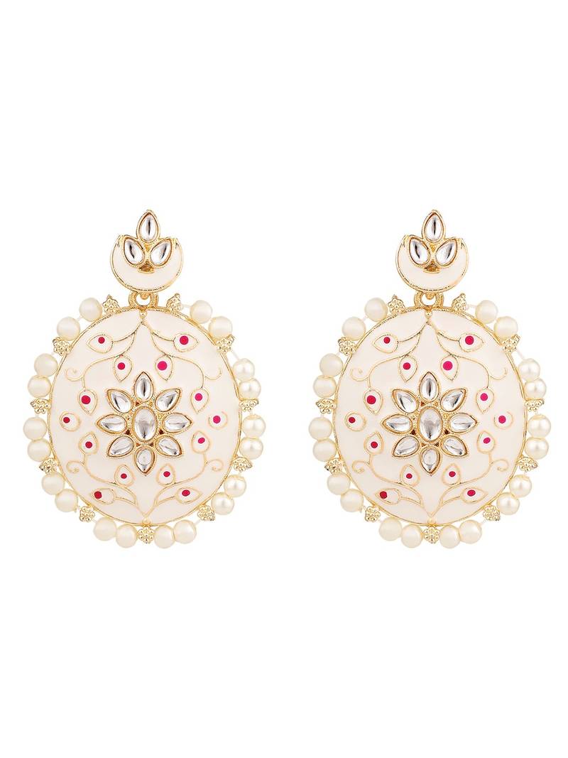 Traditonal Gold Plated Enameled White Colored Oval Shaped Pearl Layeed Choker Set with Earrings and Maangtikka Set