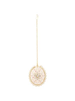 Traditonal Gold Plated Enameled White Colored Oval Shaped Pearl Layeed Choker Set with Earrings and Maangtikka Set 4