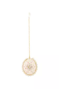 Traditonal Gold Plated Enameled White Colored Oval Shaped Pearl Layeed Choker Set with Earrings and Maangtikka Set
