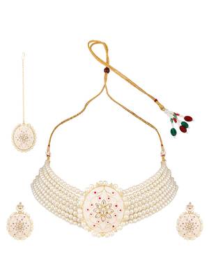 Traditonal Gold Plated Enameled White Colored Oval Shaped Pearl Layeed Choker Set with Earrings and Maangtikka Set 5
