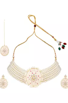 Traditonal Gold Plated Enameled White Colored Oval Shaped Pearl Layeed Choker Set with Earrings and Maangtikka Set