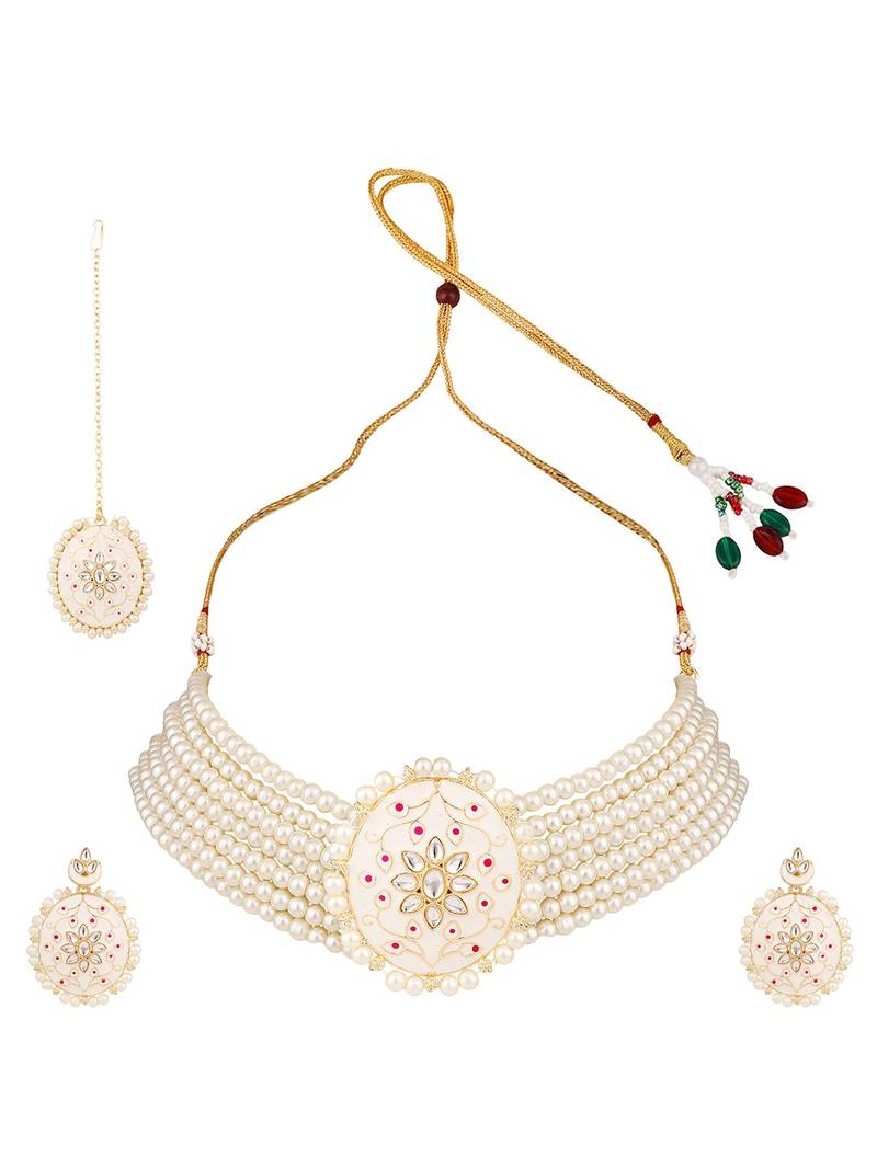 Traditonal Gold Plated Enameled White Colored Oval Shaped Pearl Layeed Choker Set with Earrings and Maangtikka Set