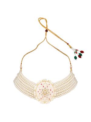 Traditonal Gold Plated Enameled White Colored Oval Shaped Pearl Layeed Choker Set with Earrings and Maangtikka Set 6