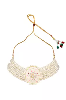 Traditonal Gold Plated Enameled White Colored Oval Shaped Pearl Layeed Choker Set with Earrings and Maangtikka Set