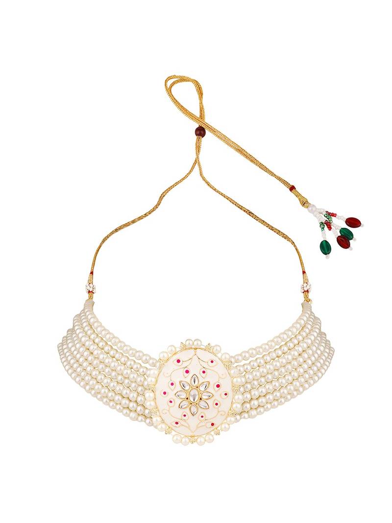 Traditonal Gold Plated Enameled White Colored Oval Shaped Pearl Layeed Choker Set with Earrings and Maangtikka Set