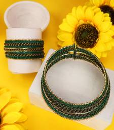 Contemporary Heavy Green Colored Beads Studded Choker Set with Slip-On Bracelet for Girls and Women.