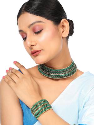 Contemporary Heavy Green Colored Beads Studded Choker Set with Slip-On Bracelet for Girls and Women. 2