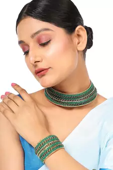 Contemporary Heavy Green Colored Beads Studded Choker Set with Slip-On Bracelet for Girls and Women.