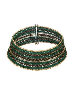 Contemporary Heavy Green Colored Beads Studded Choker Set with Slip-On Bracelet for Girls and Women. 3