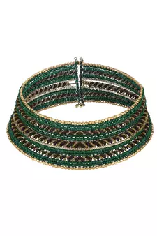 Contemporary Heavy Green Colored Beads Studded Choker Set with Slip-On Bracelet for Girls and Women.
