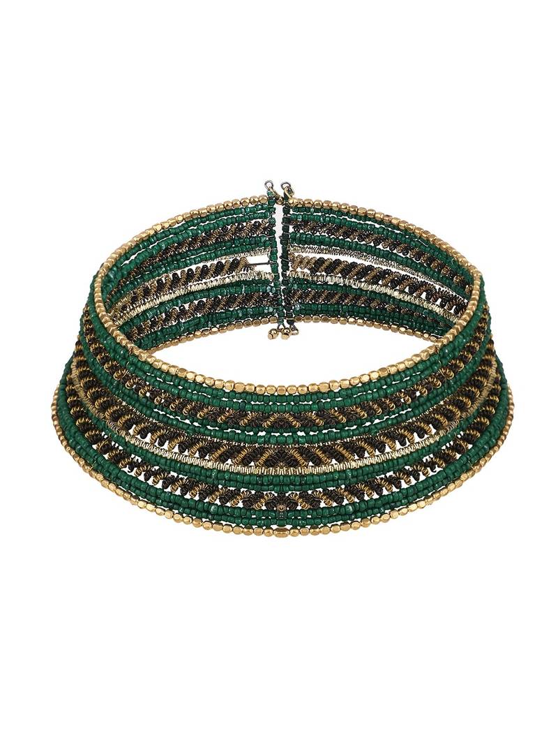 Contemporary Heavy Green Colored Beads Studded Choker Set with Slip-On Bracelet for Girls and Women.
