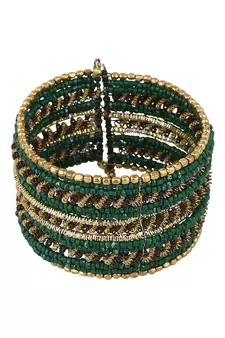 Contemporary Heavy Green Colored Beads Studded Choker Set with Slip-On Bracelet for Girls and Women.