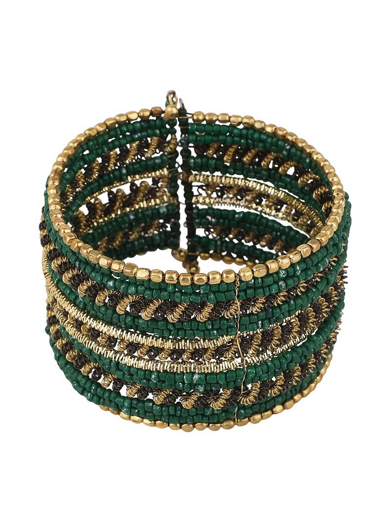 Contemporary Heavy Green Colored Beads Studded Choker Set with Slip-On Bracelet for Girls and Women.