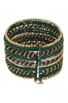 Contemporary Heavy Green Colored Beads Studded Choker Set with Slip-On Bracelet for Girls and Women.