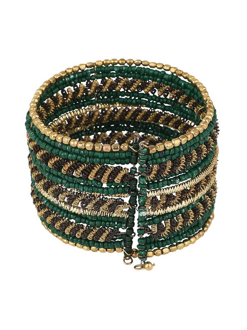 Contemporary Heavy Green Colored Beads Studded Choker Set with Slip-On Bracelet for Girls and Women.