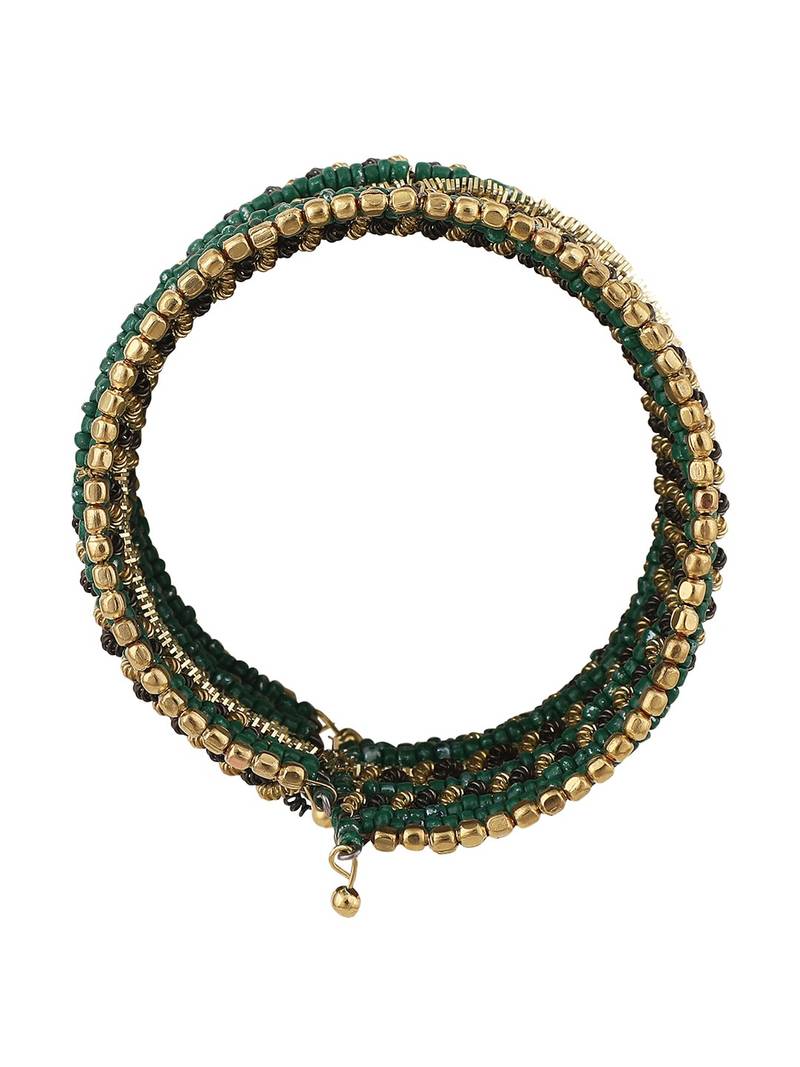 Contemporary Heavy Green Colored Beads Studded Choker Set with Slip-On Bracelet for Girls and Women.