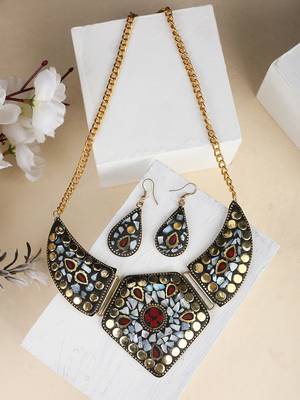 Statement Gold Plated Multicolored Chips Studded Abstract Design Necklace Set with Earring for Women and Girls. 1