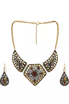 Statement Gold Plated Multicolored Chips Studded Abstract Design Necklace Set with Earring for Women and Girls.