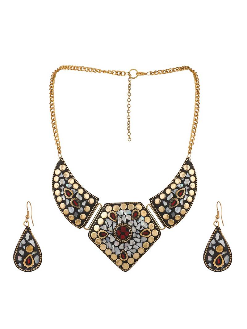 Statement Gold Plated Multicolored Chips Studded Abstract Design Necklace Set with Earring for Women and Girls.
