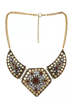 Statement Gold Plated Multicolored Chips Studded Abstract Design Necklace Set with Earring for Women and Girls.