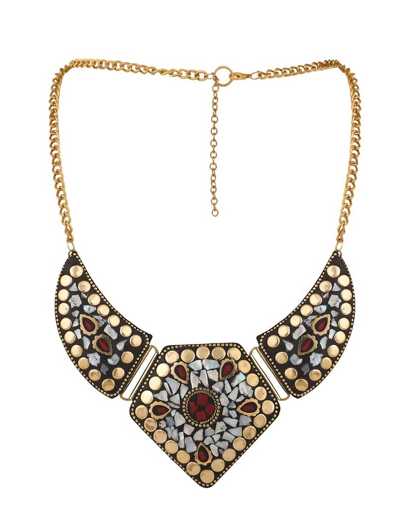 Statement Gold Plated Multicolored Chips Studded Abstract Design Necklace Set with Earring for Women and Girls.