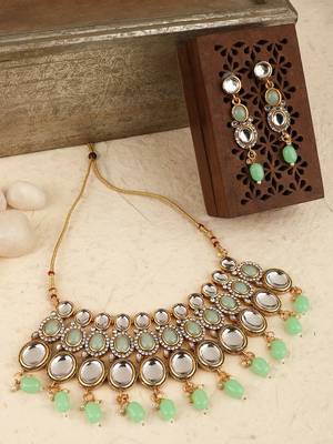 Ethnic Gold Plated Three Layered Uncut Kundan Studded Green Colored Pearl Drop Necklace Set with Earring 1