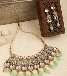 Ethnic Gold Plated Three Layered Uncut Kundan Studded Green Colored Pearl Drop Necklace Set with Earring