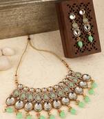 Ethnic Gold Plated Three Layered Uncut Kundan Studded Green Colored Pearl Drop Necklace Set with Earring
