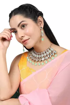 Ethnic Gold Plated Three Layered Uncut Kundan Studded Green Colored Pearl Drop Necklace Set with Earring