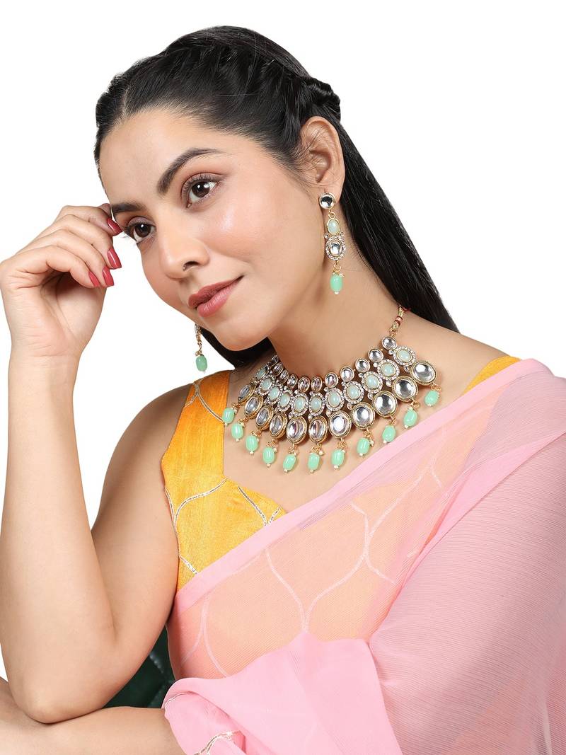 Ethnic Gold Plated Three Layered Uncut Kundan Studded Green Colored Pearl Drop Necklace Set with Earring