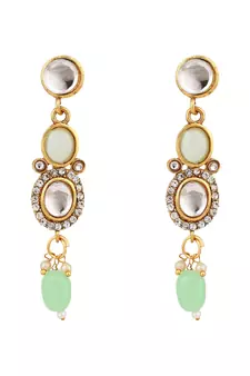 Ethnic Gold Plated Three Layered Uncut Kundan Studded Green Colored Pearl Drop Necklace Set with Earring