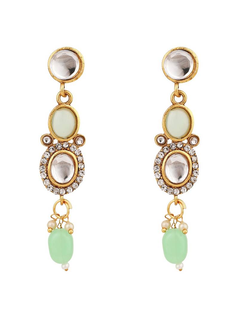 Ethnic Gold Plated Three Layered Uncut Kundan Studded Green Colored Pearl Drop Necklace Set with Earring