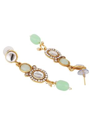 Ethnic Gold Plated Three Layered Uncut Kundan Studded Green Colored Pearl Drop Necklace Set with Earring 4