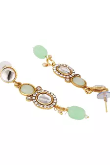 Ethnic Gold Plated Three Layered Uncut Kundan Studded Green Colored Pearl Drop Necklace Set with Earring