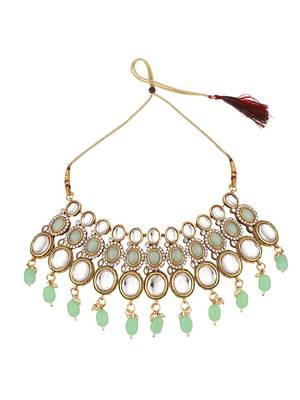 Ethnic Gold Plated Three Layered Uncut Kundan Studded Green Colored Pearl Drop Necklace Set with Earring 5