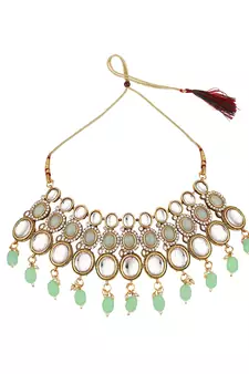 Ethnic Gold Plated Three Layered Uncut Kundan Studded Green Colored Pearl Drop Necklace Set with Earring