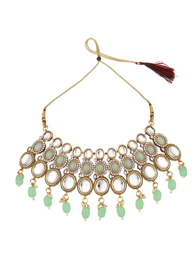 Ethnic Gold Plated Three Layered Uncut Kundan Studded Green Colored Pearl Drop Necklace Set with Earring