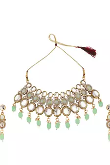 Ethnic Gold Plated Three Layered Uncut Kundan Studded Green Colored Pearl Drop Necklace Set with Earring