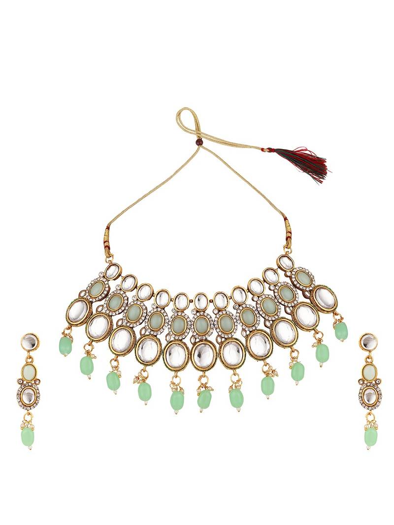 Ethnic Gold Plated Three Layered Uncut Kundan Studded Green Colored Pearl Drop Necklace Set with Earring