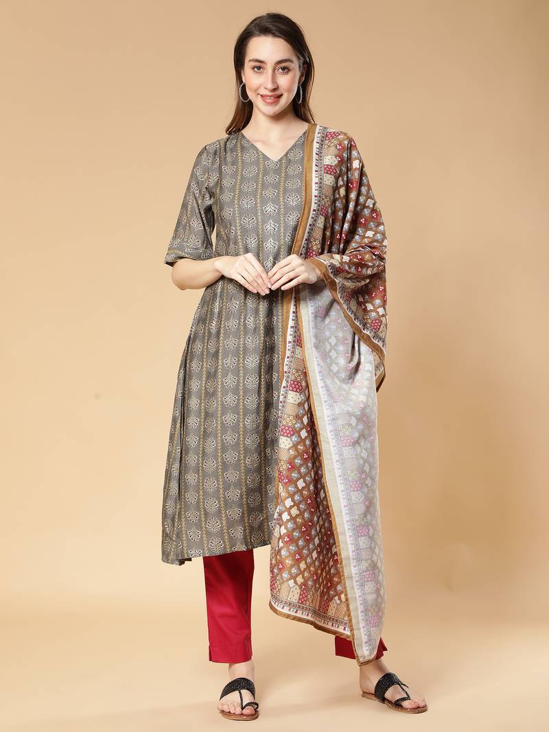 Grey printed silk blend salwar