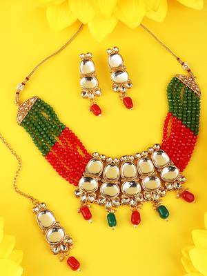 Gold Plated Two Layered Uncut Kundan Studded with Multicolor Pearl Layered Necklace Set with Earrings and Maangtikka 1