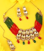 Gold Plated Two Layered Uncut Kundan Studded with Multicolor Pearl Layered Necklace Set with Earrings and Maangtikka