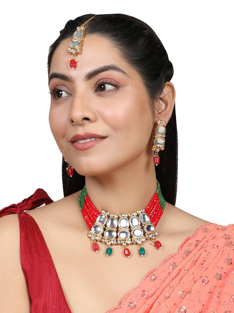 Gold Plated Two Layered Uncut Kundan Studded with Multicolor Pearl Layered Necklace Set with Earrings and Maangtikka