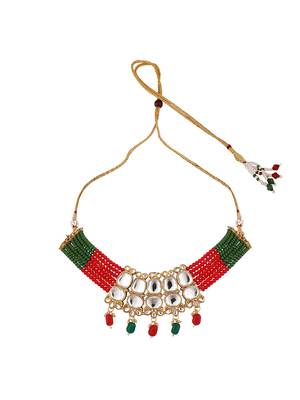 Gold Plated Two Layered Uncut Kundan Studded with Multicolor Pearl Layered Necklace Set with Earrings and Maangtikka 6