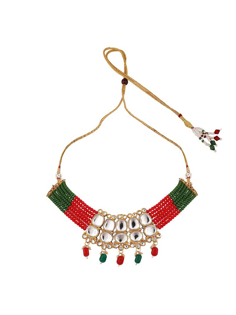Gold Plated Two Layered Uncut Kundan Studded with Multicolor Pearl Layered Necklace Set with Earrings and Maangtikka
