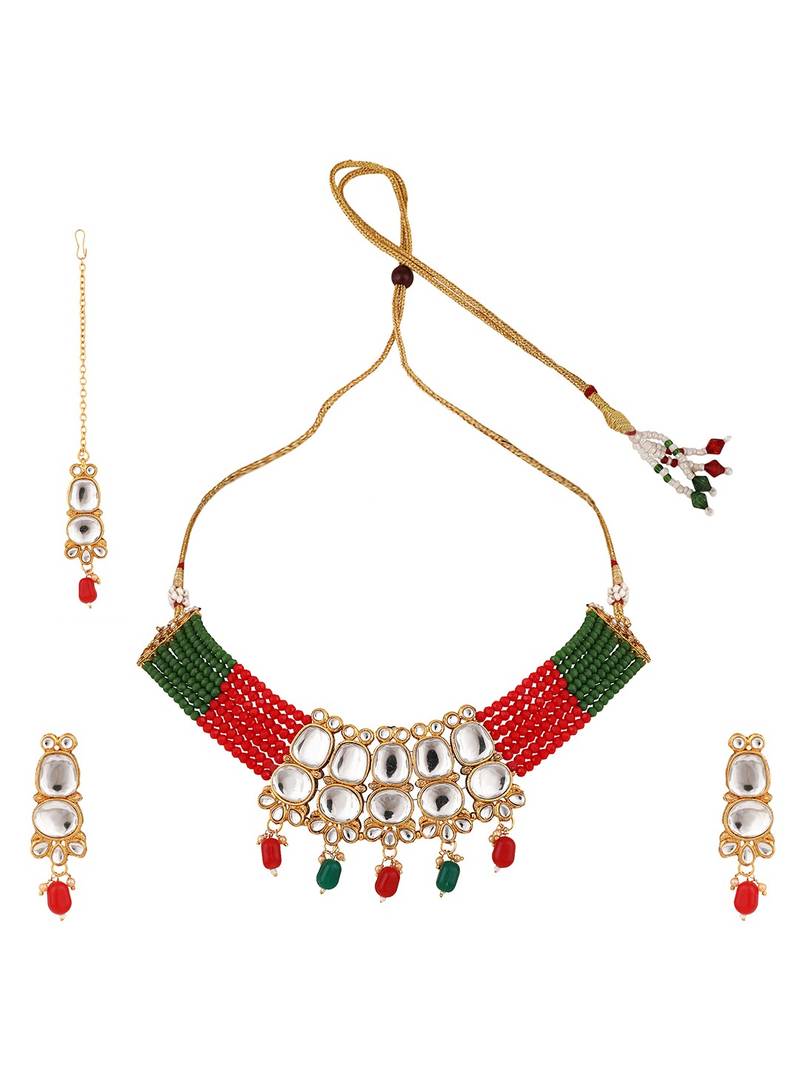 Gold Plated Two Layered Uncut Kundan Studded with Multicolor Pearl Layered Necklace Set with Earrings and Maangtikka