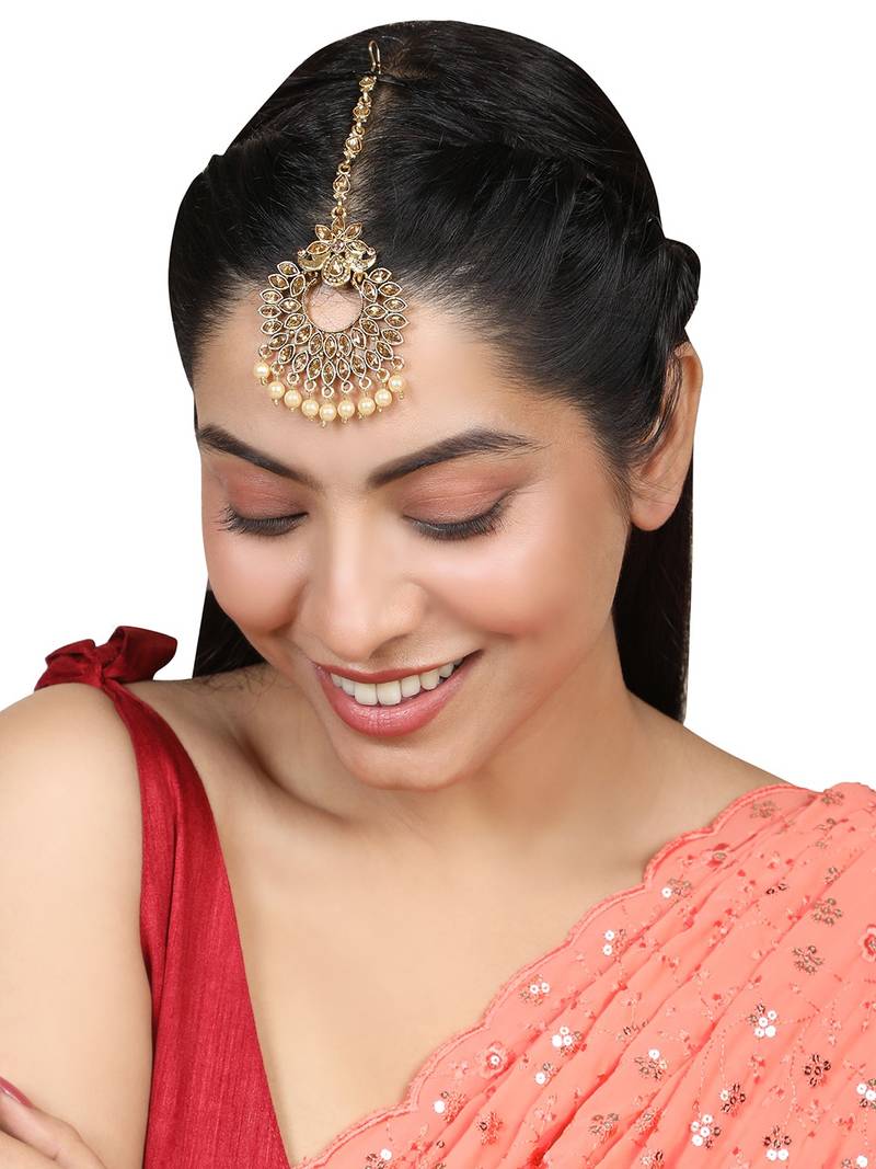 GoldPlated Stone Studded with Pearl Drop Floral shaped Maangtikka for Wedding Party Occasion Family Function and Gifting
