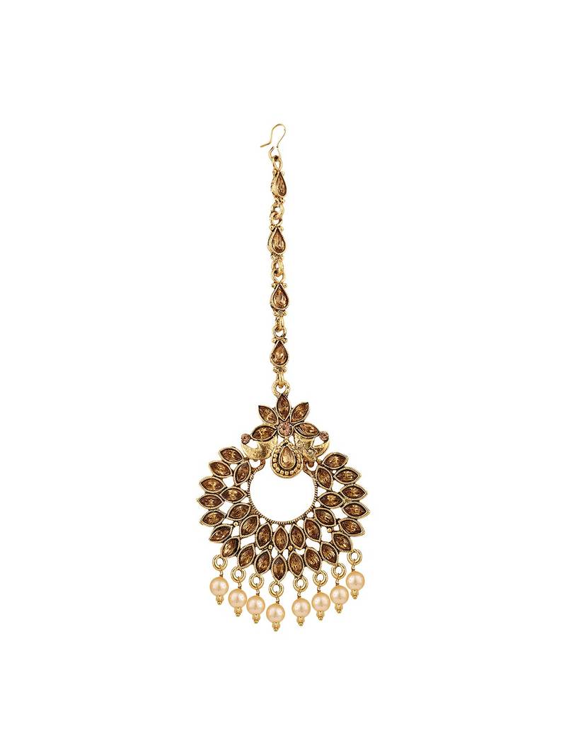 GoldPlated Stone Studded with Pearl Drop Floral shaped Maangtikka for Wedding Party Occasion Family Function and Gifting